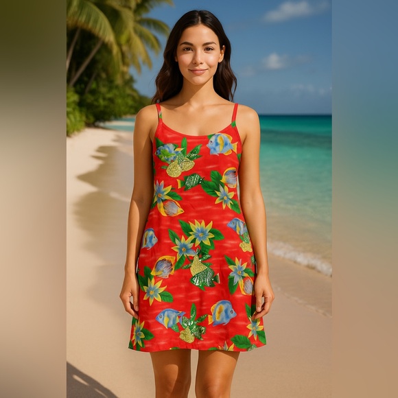Hugette Creation Dresses & Skirts - Huguette Creation Tahiti Red Tropical Floral Fish Print Cotton Sundress S-M AA44